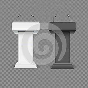 Realistic Detailed 3d Different Podium Tribune with Microphone Set. Vector