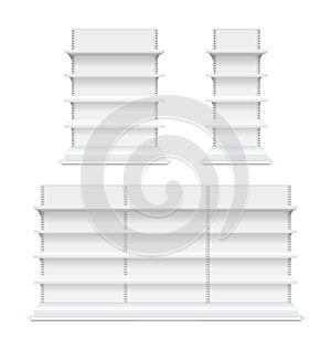 Realistic Detailed 3d Different White Blank Store Shelves Set. Vector