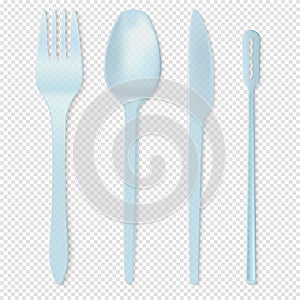 Realistic Detailed 3d Disposable White Plastic Cutlery Set Include of Spoon, Knife and Fork for Picnic. Vector