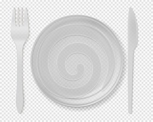Realistic Detailed 3d Disposable White Plastic Cutlery Set Include of Spoon, Knife and Fork for Picnic. Vector