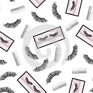 Realistic Detailed 3d False Eyelashes in Package Box Seamless Pattern Background. Vector