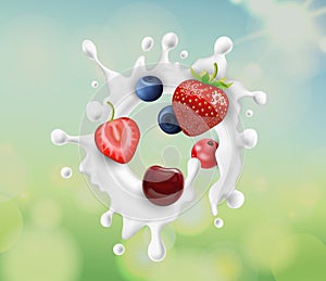 Realistic Detailed 3d Fresh Berries with Milk or Yogurt Splash. Vector