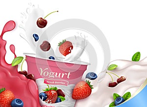 Realistic Detailed 3d Fresh Berries Yogurt Packaging Container with Splash. Vector