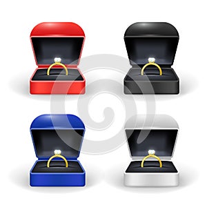 Realistic Detailed 3d Gold Ring Box Color Set. Vector