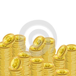 Realistic Detailed 3d Golden Bitcoins Different Type Staks. Vector