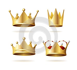 Realistic Detailed 3d Golden Royal Crown Set. Vector