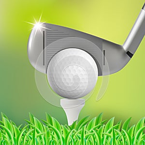 Realistic Detailed 3d Golf Ball and Stick on a Green Field Background. Vector