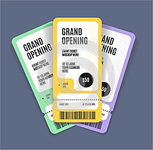 Realistic Detailed 3d Grand Opening Event Three Tickets Mockup Set. Vector