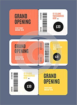 Realistic Detailed 3d Grand Opening Event Ticket Empty Template Mockup Set. Vector