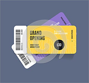 Realistic Detailed 3d Grand Opening Event Two Tickets Mockup Set. Vector