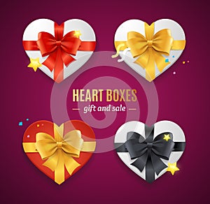 Realistic Detailed 3d Heart Present Boxes Template with Bow Set. Vector