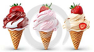 Realistic Detailed 3d Ice Cream Scoops Set Include of Strawberry, Vanilla and Chocolate. Vector illustration of Icecream, AI