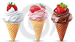 Realistic Detailed 3d Ice Cream Scoops Set Include of Strawberry, Vanilla and Chocolate. Vector illustration of Icecream, AI
