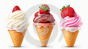 Realistic Detailed 3d Ice Cream Scoops Set Include of Strawberry, Vanilla and Chocolate. Vector illustration of Icecream, AI