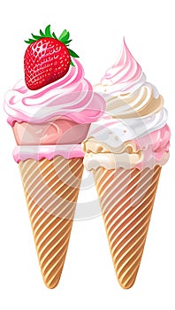 Realistic Detailed 3d Ice Cream Scoops Set Include of Strawberry, Vanilla and Chocolate. Vector illustration of Icecream, AI