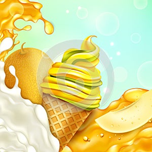 Realistic Detailed 3d Ice Cream Sweet Melon Concept Background. Vector