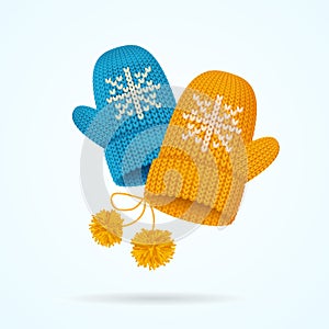 Realistic Detailed 3d Knitted Woolen Mittens Set. Vector