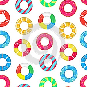 Realistic Detailed 3d Life Buoy Swimming Rings Seamless Pattern Background. Vector