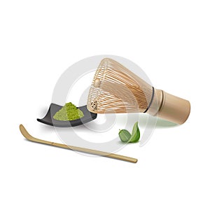 Realistic Detailed 3d Matcha Powder on Black Plate, Chashaku and Bamboo Whisk Japanese Tea Concept. Vector
