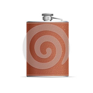 Realistic Detailed 3d Metal Hip Flask Wrapped in Leather. Vector