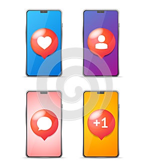 Realistic Detailed 3d Mobile Phone Set with Social Network Elements. Vector