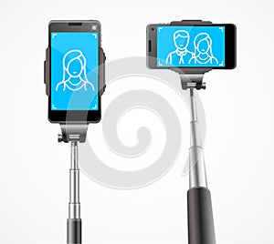 Realistic Detailed 3d Monopods with Phones for Selfie. Vector