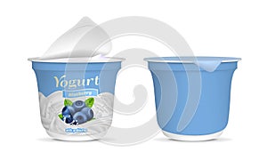 Realistic Detailed 3d Open Blueberry Yogurt Packaging Container and Empty Template Mockup Set. Vector