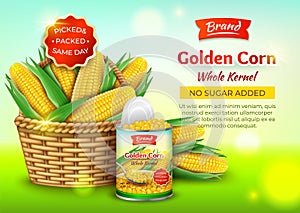 Realistic Detailed 3d Organic Canned Corn Ads Banner Concept Poster Card. Vector