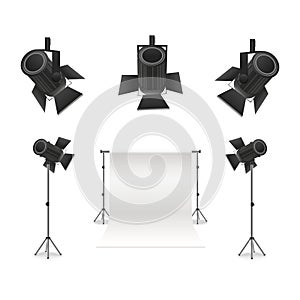 Realistic Detailed 3d Photo Studio and Equipments Set. Vector