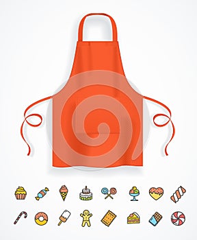 Realistic Detailed 3d Red Apron and Thin Line Icon. Vector