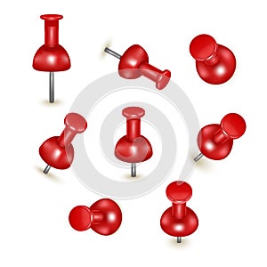 Realistic Detailed 3d Red Push Pins Different Angles Set. Vector