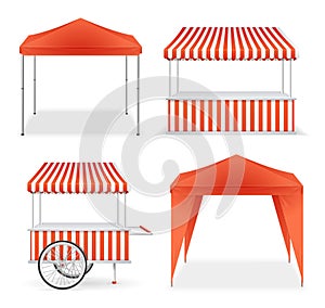 Realistic Detailed 3d Red and Striped Blank Market Stall Template Mockup Set. Vector