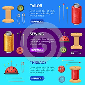 Realistic Detailed 3d Sewing Supplies for Tailoring and Needlework Banner Horizontal Set. Vector