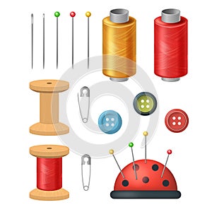 Realistic Detailed 3d Sewing Supplies for Tailoring and Needlework Set. Vector