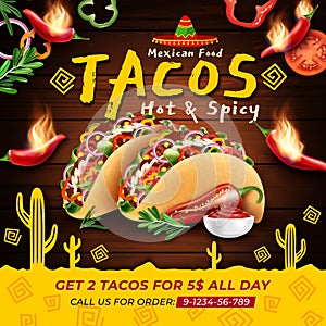 Realistic Detailed 3d Tacos Mexican Food Day Hot and Spicy Ads Banner Concept Poster Card. Vector