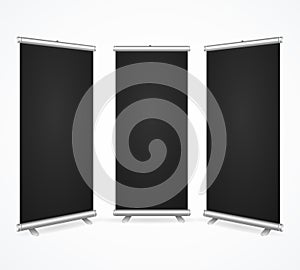 Realistic Detailed 3d Template Blank Black Scroll Banner Stand Mock Up Set. Vector