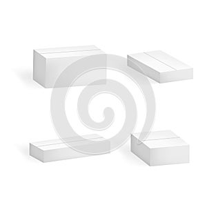 Realistic Detailed 3d Template Blank White Cardboard Boxes Set. Vector