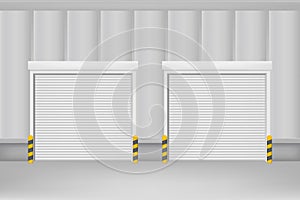 Realistic Detailed 3d Template Blank White Roller Warehouse Shutter Doors. Vector