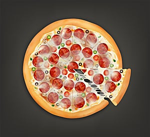 Realistic Detailed 3d Top View of Delicious Pizza. Vector