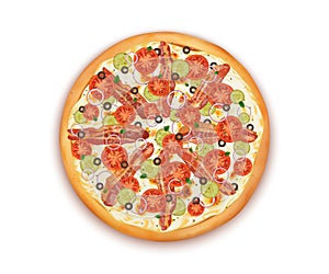 Realistic Detailed 3d Top View of Delicious Pizza. Vector