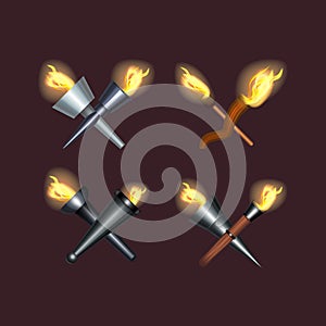 Realistic Detailed 3d Torch Flame Cross Set. Vector