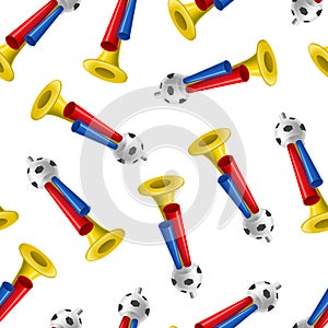 Realistic Detailed 3d Trumpets Football Fan Seamless Pattern Background. Vector