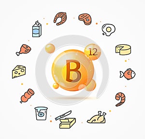 Realistic Detailed 3d Vitamin B12 Gold Pill Capsule and Thin Line Icons. Vector