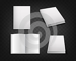 Realistic Detailed 3d White Blank Book Cover Template Mockup Set. Vector