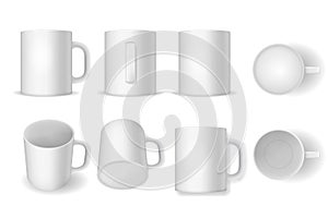 Realistic Detailed 3d White Blank Cup Template Mockup Set. Vector