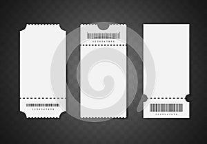 Realistic detailed 3d white blank tickets. Empty template mockup set for cinema or theater