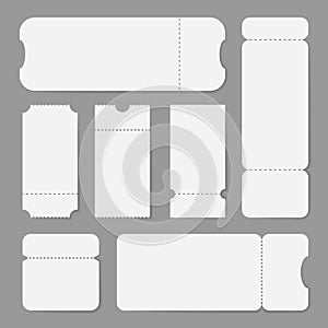 Realistic detailed 3d white blank tickets with shadows. Empty template mockup set for cinema or theater