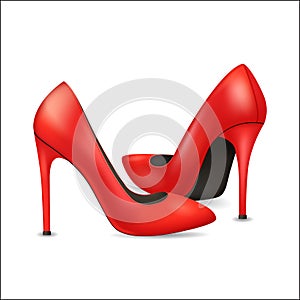 Realistic Detailed 3d Woman High Heel Red Shoes. Vector