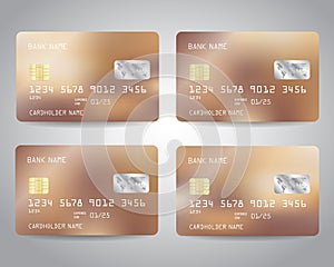 Realistic detailed credit cards set with bronze gold abstract metallic foil gradinet design