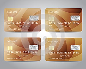 Realistic detailed credit cards set with bronze gold abstract metallic foil gradinet design